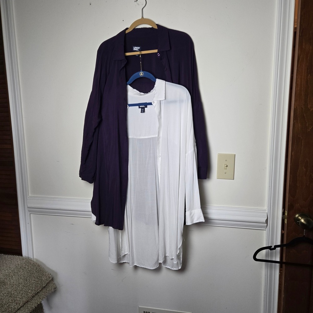 Lands' End Button Down Tunic bundle Womens M/L Purple White Long Sleeve